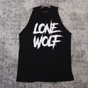 Lone Wolf Tank Top Men' Medium Black Thrashed Back Distressed Shirt Attack